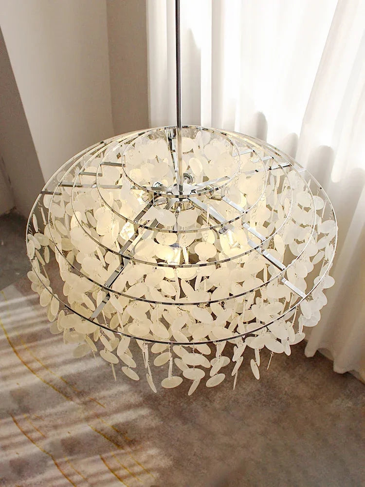French Capiz Shell Spiral Chandelier in Chrome and Gold for Bedroom