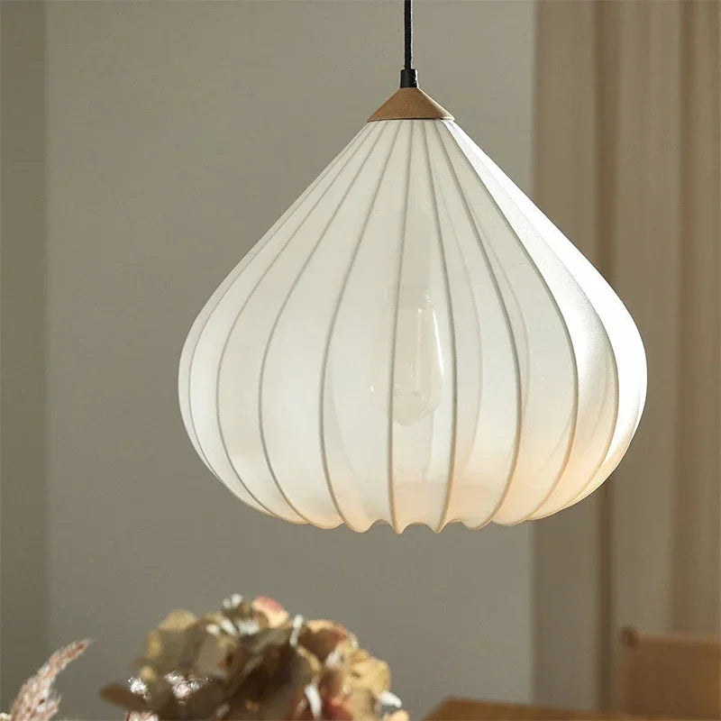 Minimalist Fabric Pendant Light with Wood Accent