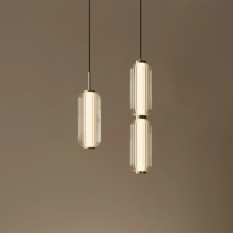 Modern Stacked Ribbed Glass Capsule Pendant Light in Black and Copper