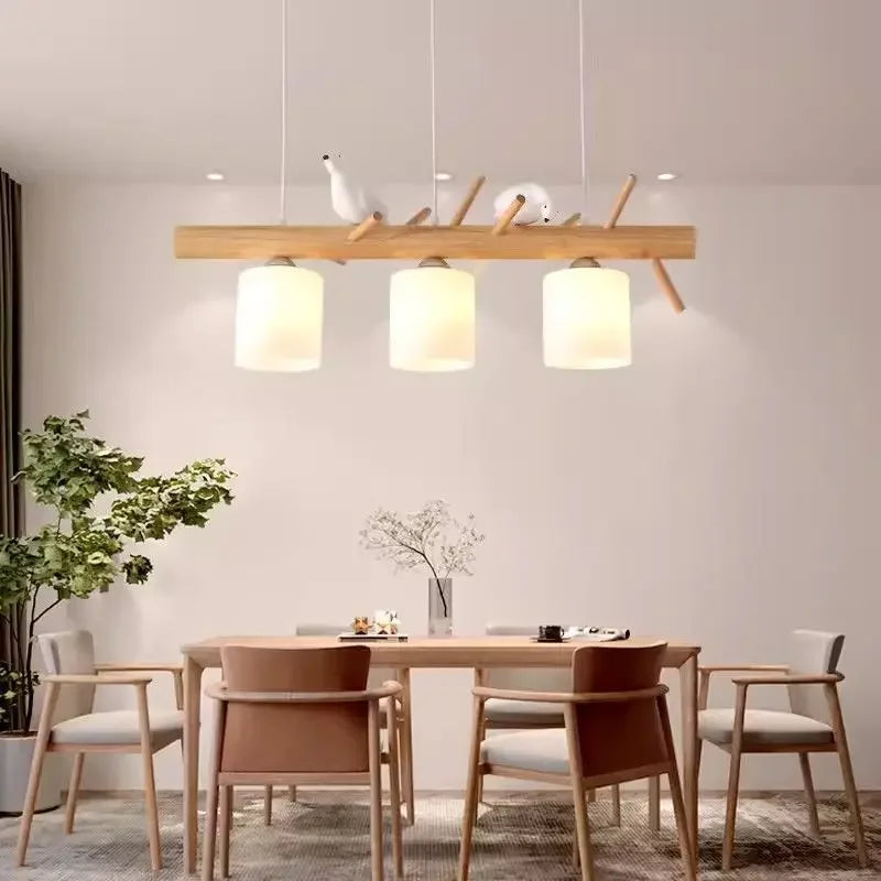 Lámpara Colgante Nórdica de Madera con Pantallas de Cristal
