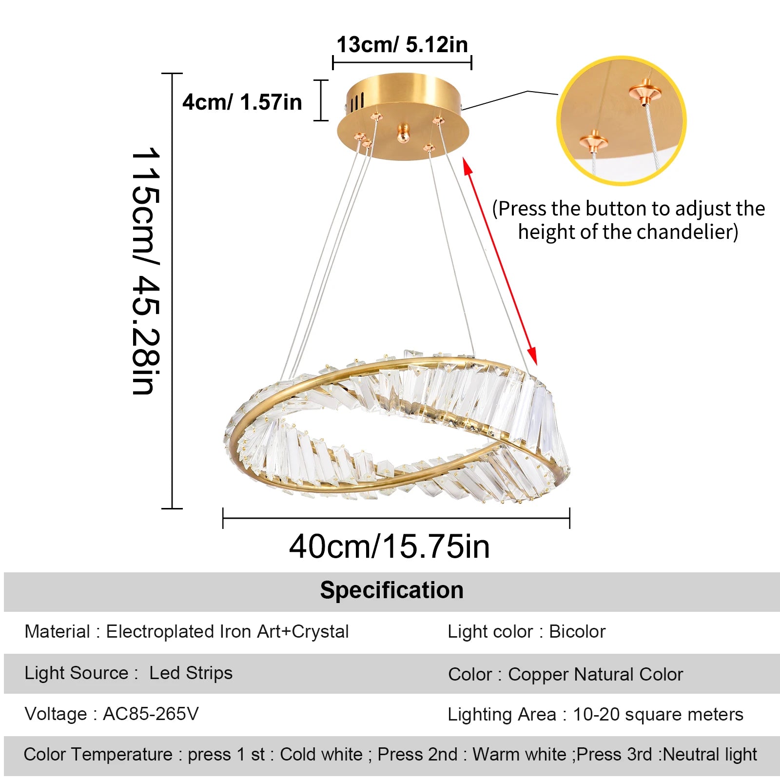Luxury Crystal Twist Ring Chandelier in Gold for Dining Room