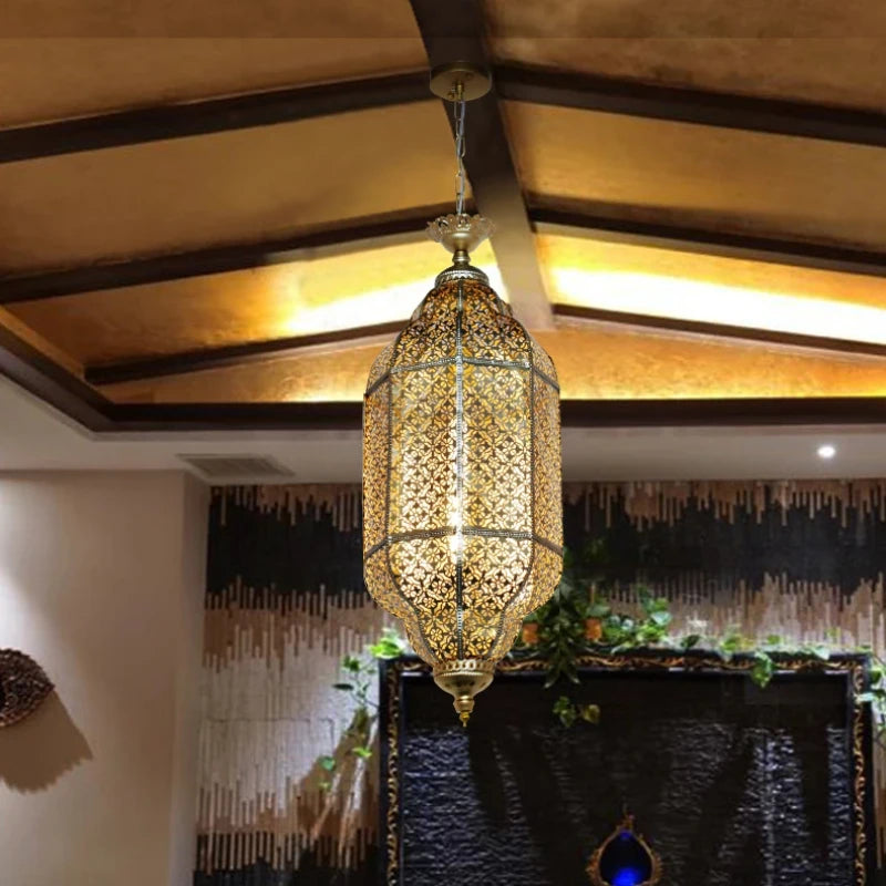Moroccan Carved Brass Lantern Pendant Light for Restaurant and Hallway