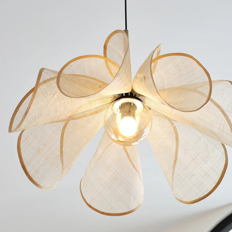 Japanese Linen Petal Pendant Light with Brass Stem for Bedroom