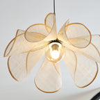 Japanese Linen Petal Pendant Light with Brass Stem for Bedroom