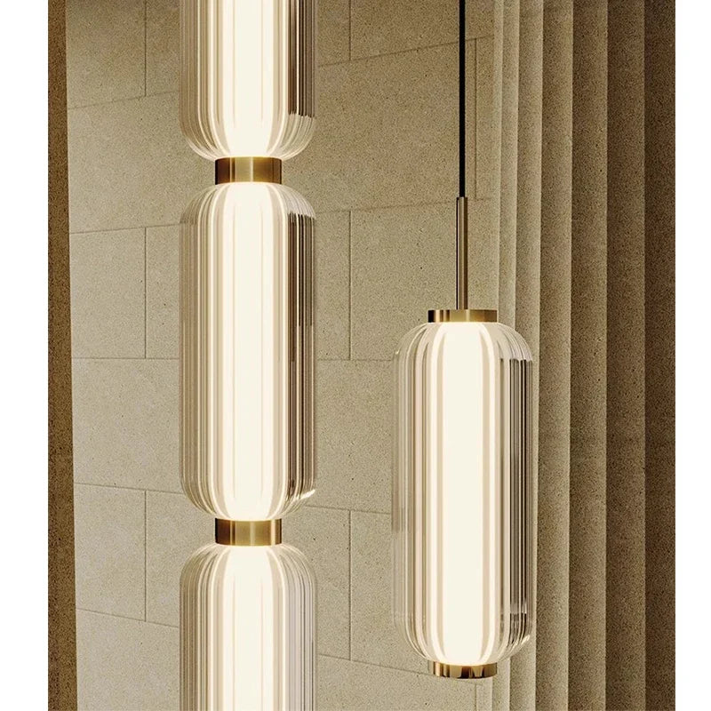 Modern Stacked Ribbed Glass Capsule Pendant Light in Black and Copper