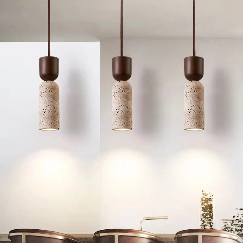 Wabi Sabi Travertine Cylinder Pendant Light with Walnut Top for Bedside