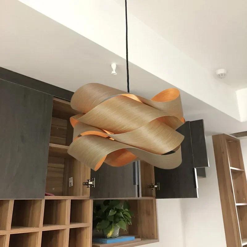 Nordic Wood Veneer Pendant Light for Bedroom