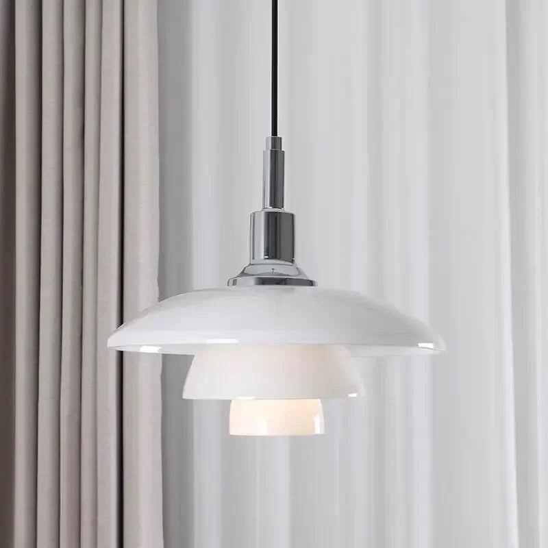 Danish Three Tier Glass Dish Pendant Light in White and Gold for Dining Room