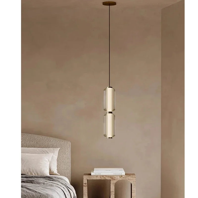 Modern Stacked Ribbed Glass Capsule Pendant Light in Black and Copper