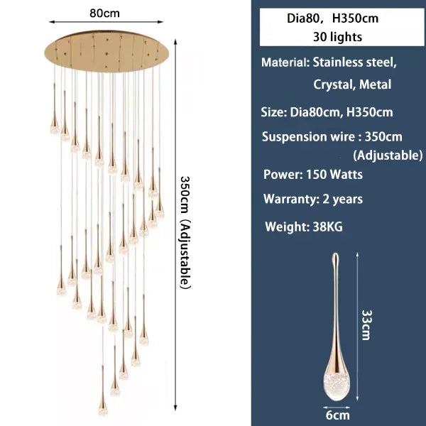 Modern Crystal LED Chandelier - Gold Hallway Hanging Light
