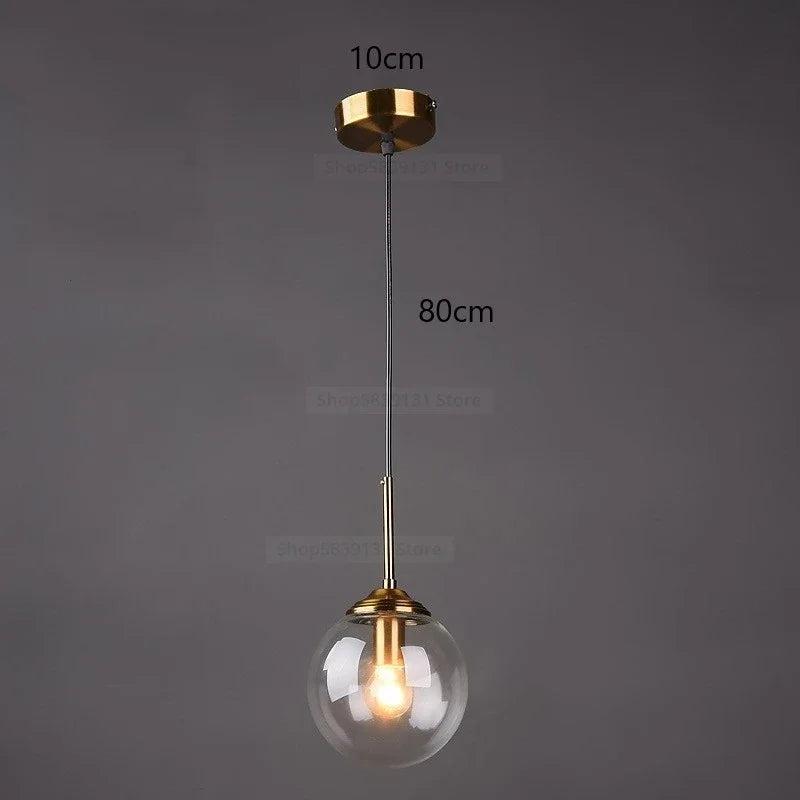 Nordic Glass Ball Pendant Light 15cm with Brass Stem for Bedside