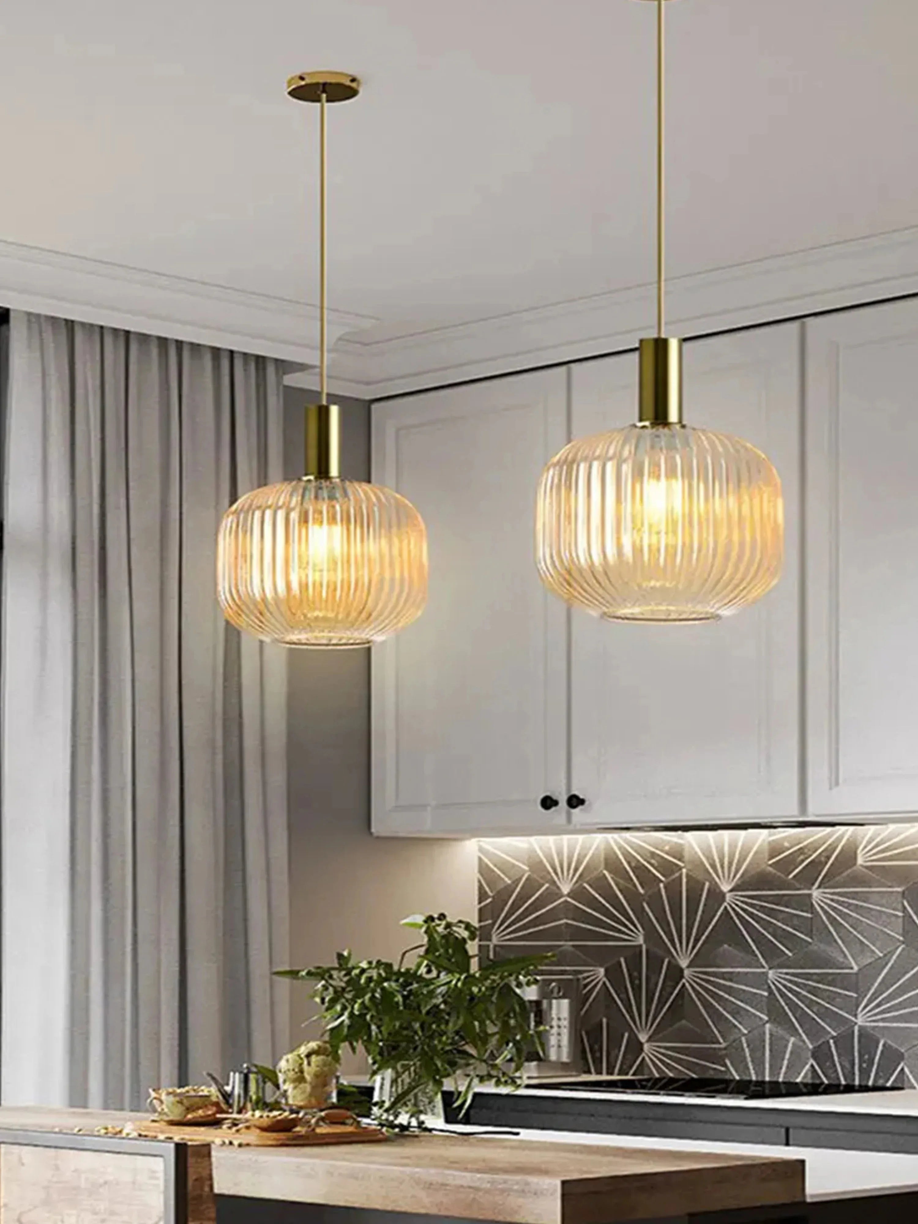 Nordic Modern Ribbed Glass Pendant Light Green/Grey/Amber Glass Hanging Lamp for Kitchen Island Dining Room Home Decor E27
