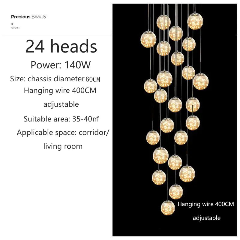 Starry Glass Ball Cluster Chandelier for Staircase in Smoky Gray and Cognac