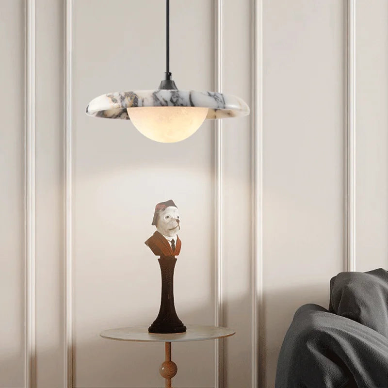 Luxury Veined Marble Saucer Pendant Light with Glowing Dome for Bedroom