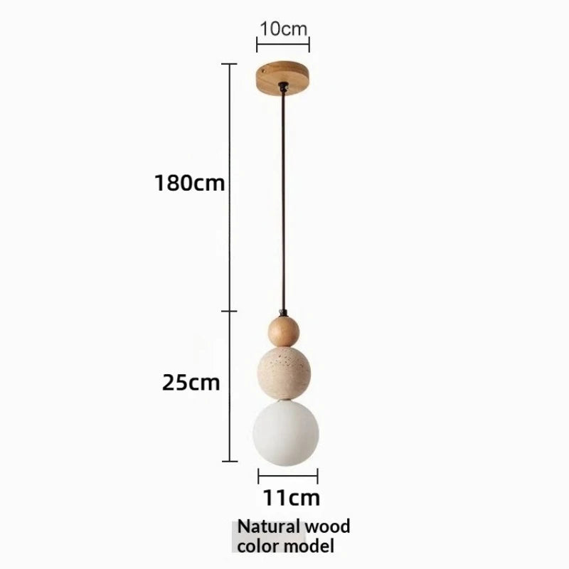 Cream Style Travertine and Wood Ball Pendant Light with Opal Globe