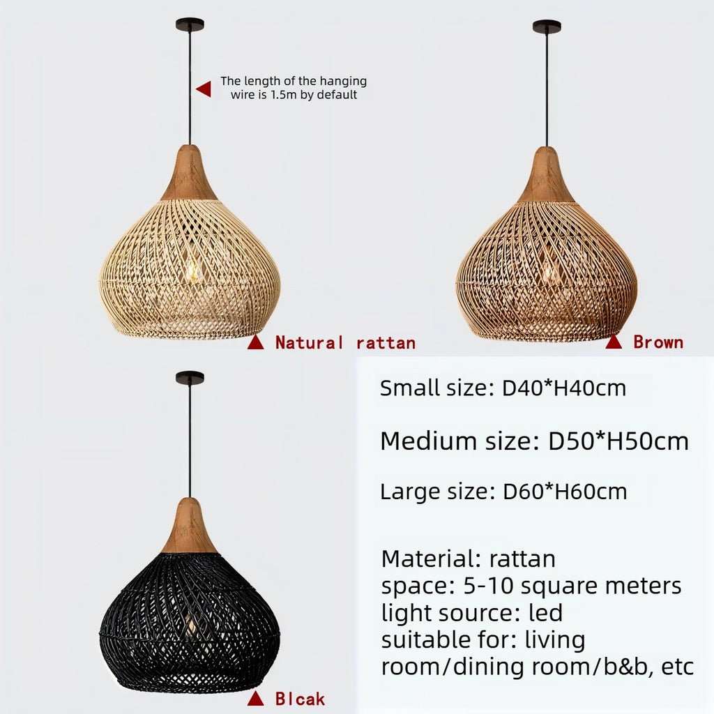 Wabi Sabi Rattan and Wood Pendant Light Hand Woven for Kitchen Island