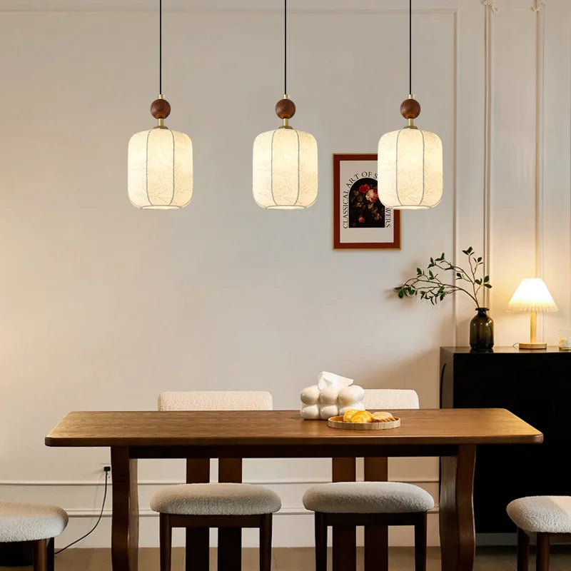 Minimalist Textile Pendant Light with Wood Accent