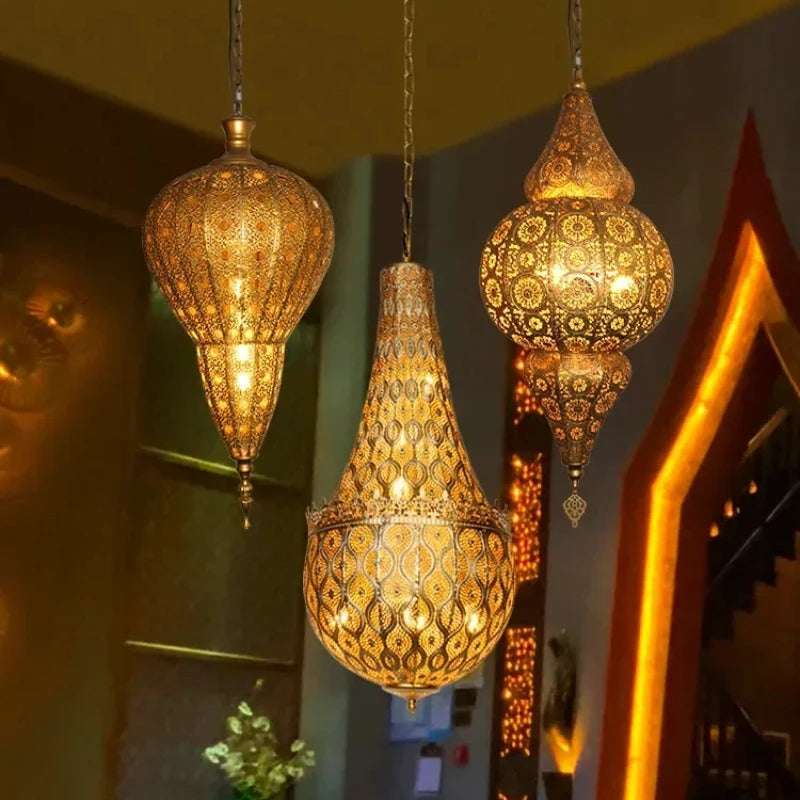 Moroccan Carved Brass Lantern Pendant Light for Restaurant and Hallway