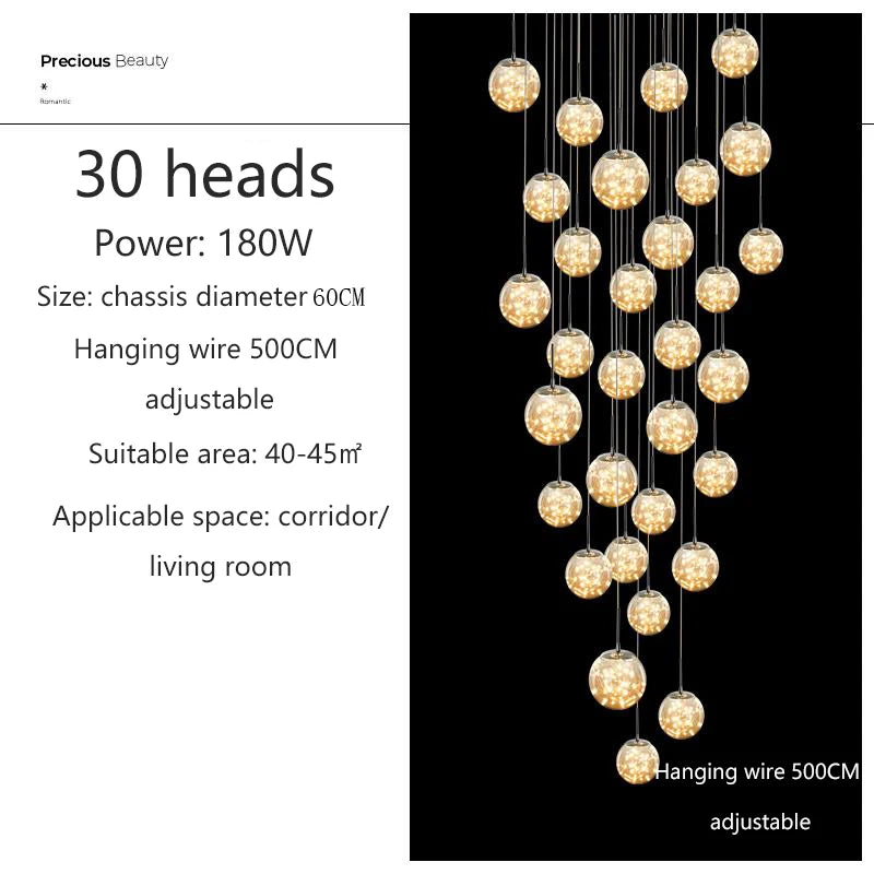 Starry Glass Ball Cluster Chandelier for Staircase in Smoky Gray and Cognac