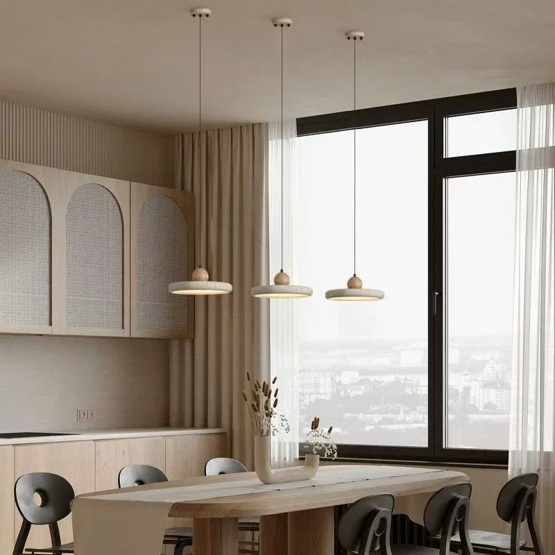 Nordic Travertine Stone Pendant Light with Wood Accent