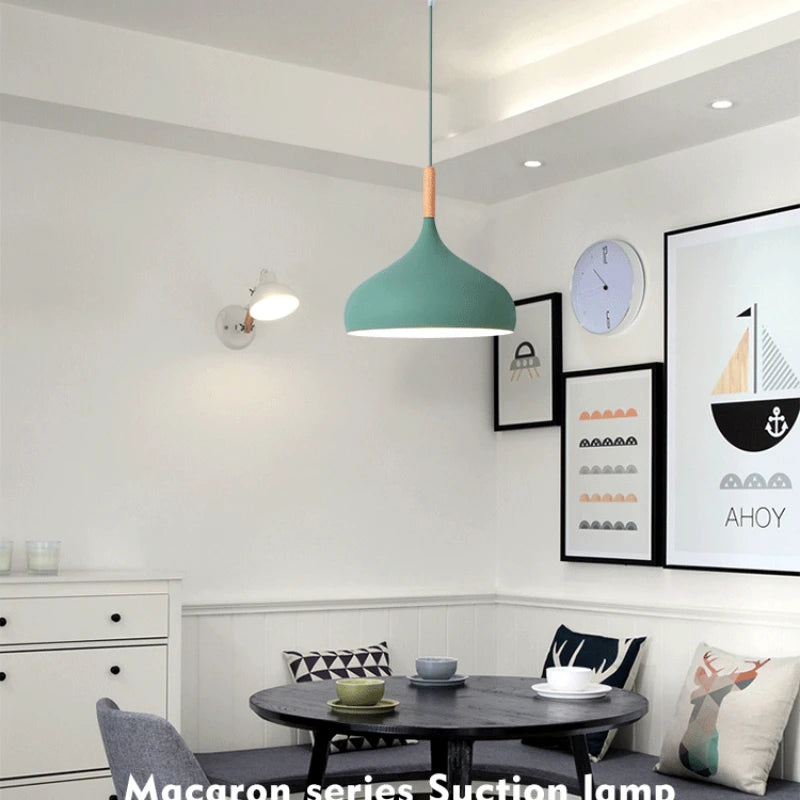 Modern Macaron Aluminum and Wood Pendant Light in Seven Colors for Kitchen