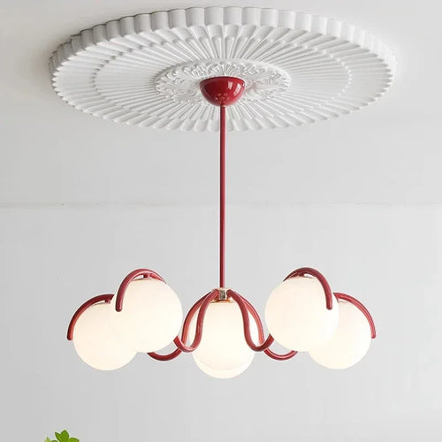 French Cream Squiggle Chandelier with Opal Glass Globes in Red and White