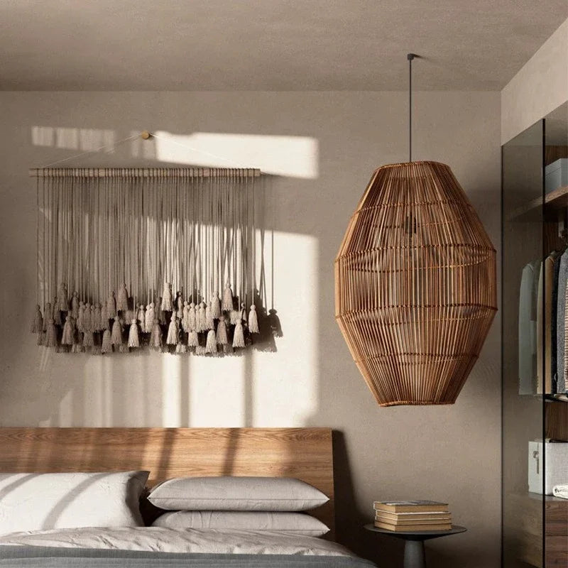 Retro Rattan Pendant Light with LED