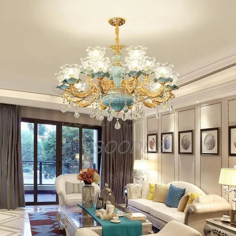 Blue Crystal Ceramic Chandelier - Living Room