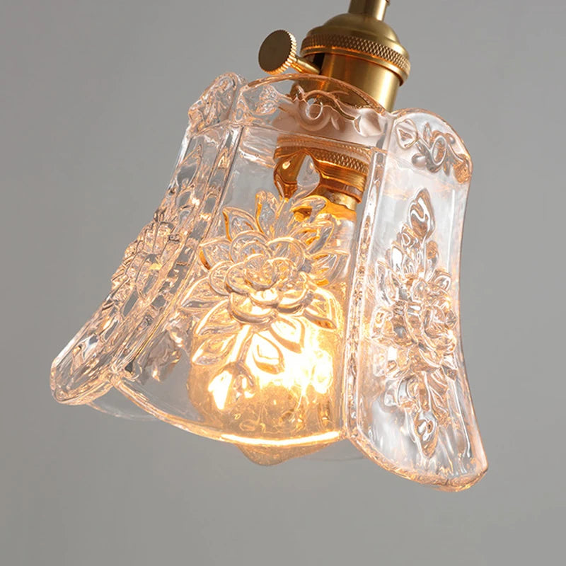 Vintage Textured Flower Glass Pendant Light with Brass Fitting for Bedside