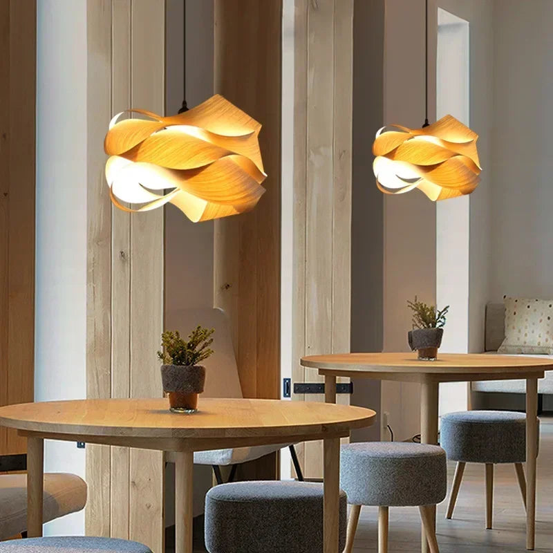Nordic Wood Veneer Pendant Light for Bedroom