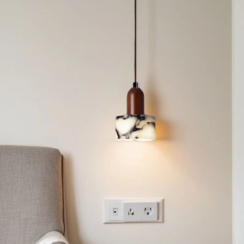 Veined Marble Cylinder Pendant Light with Walnut Top for Bar Counter