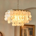 Coastal Capiz Shell Tiered Chandelier with Gold Frame for Bedroom