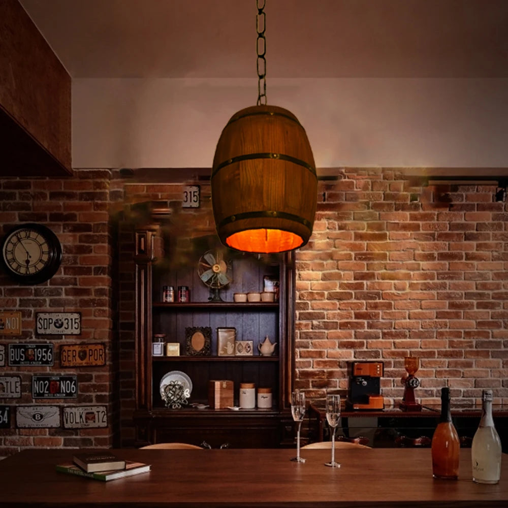 Retro Wood Barrel Pendant Light for Dining & Bar