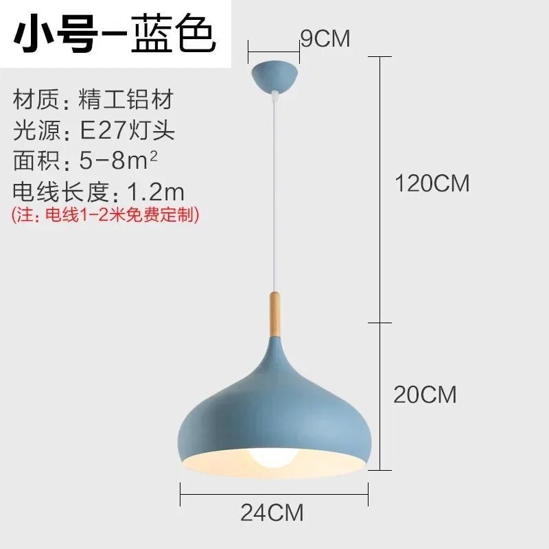 Nordic Matte Dome Pendant Light with Wood Top in Blue for Dining Room