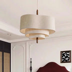 Japanese Cream Fabric Layered Drum Pendant Light for Dining Room