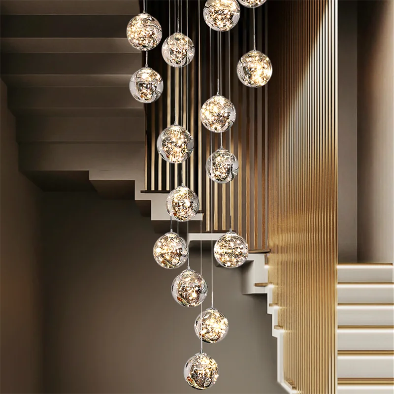 Starry Glass Ball Cluster Chandelier for Staircase in Smoky Gray and Cognac