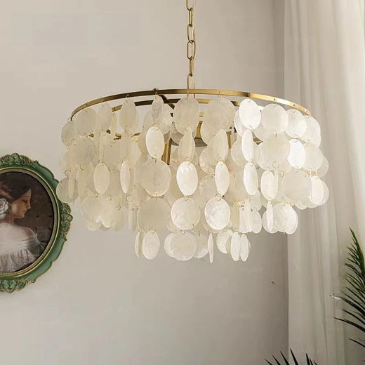 Coastal Capiz Shell Tiered Chandelier with Gold Frame for Bedroom