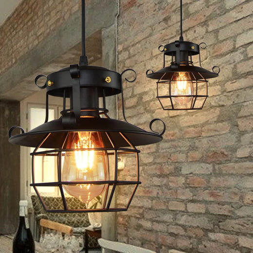 Industrial Black Caged Lantern Pendant Light for Bar and Hallway