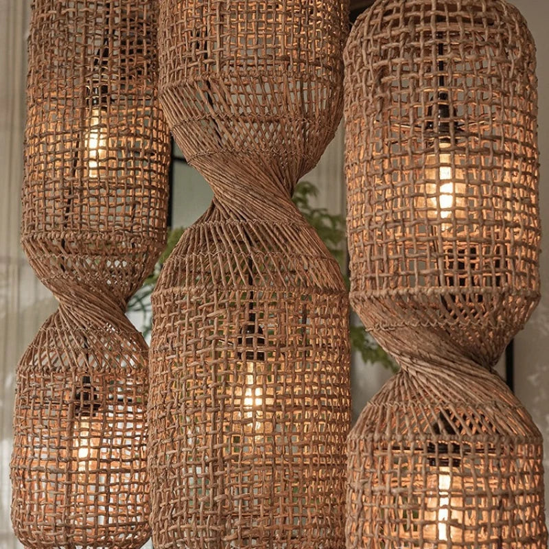 Hand Woven Rattan Column Pendant Light for Staircase and Living Room