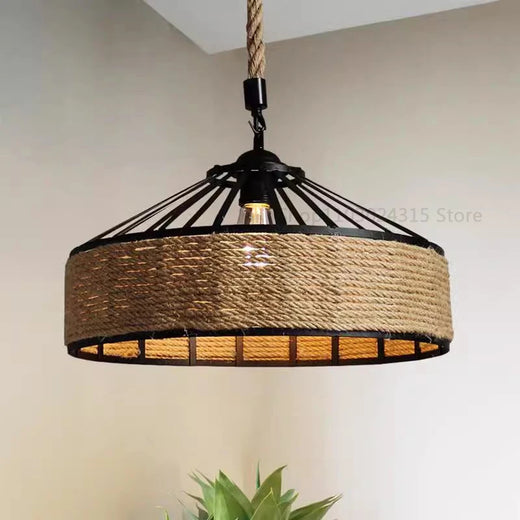 Rustic Hemp Rope Drum Pendant Light with Iron Frame for Dining Room