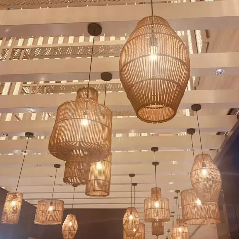 Retro Rattan Pendant Light with LED