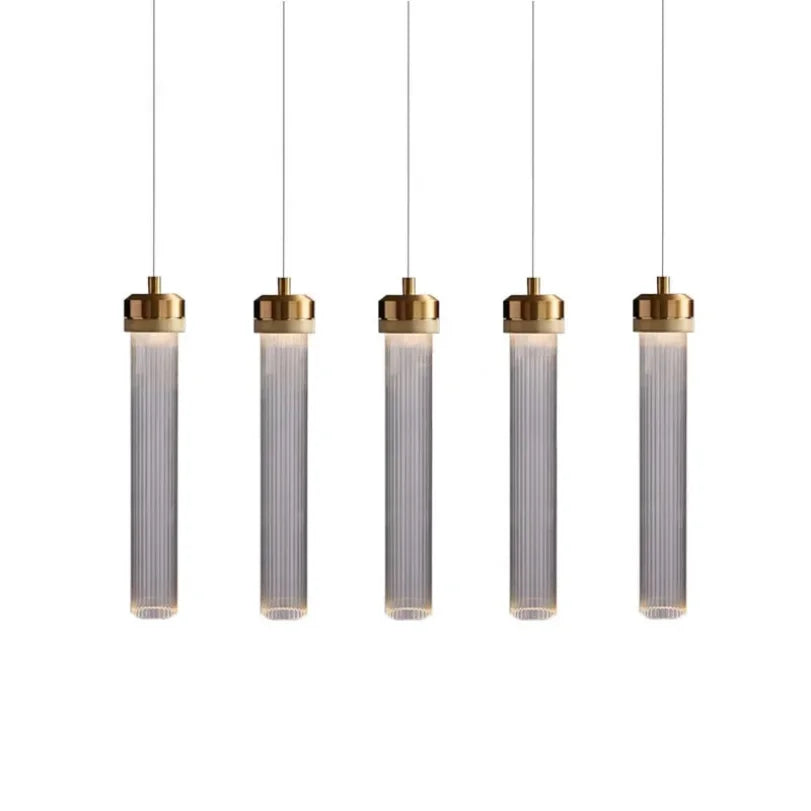 Modern Ribbed Glass Cylinder Pendant Light with Gold Cap for Bedside