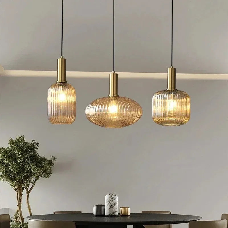 Nordic Modern Ribbed Glass Pendant Light Green/Grey/Amber Glass Hanging Lamp for Kitchen Island Dining Room Home Decor E27