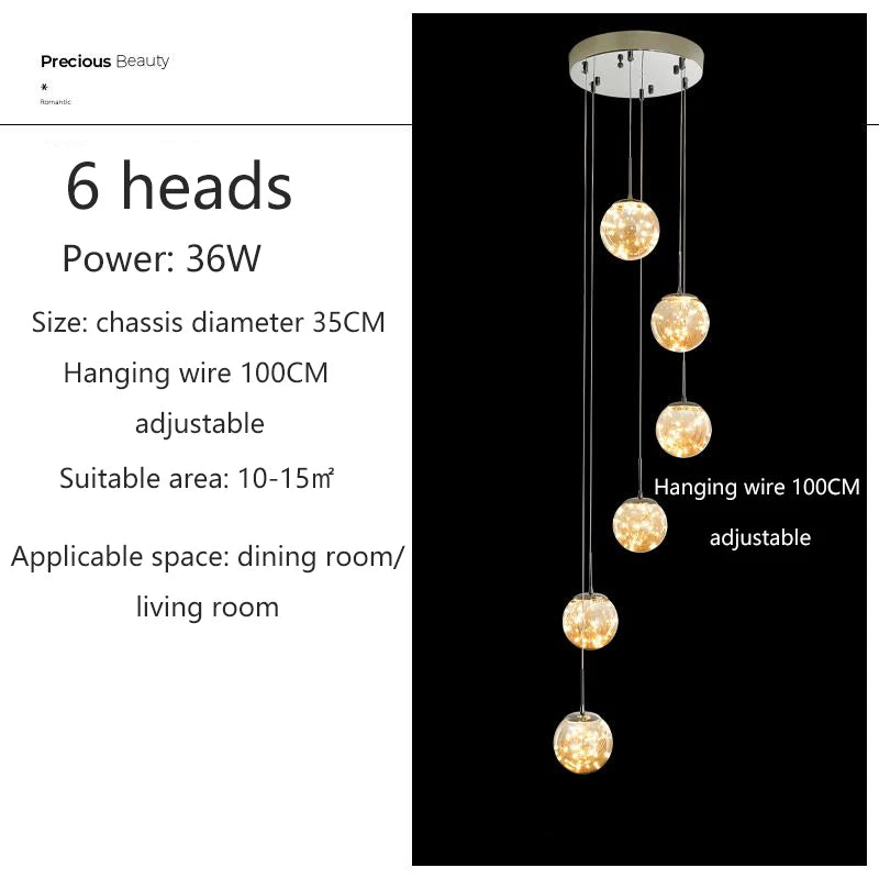 Starry Glass Ball Cluster Chandelier for Staircase in Smoky Gray and Cognac