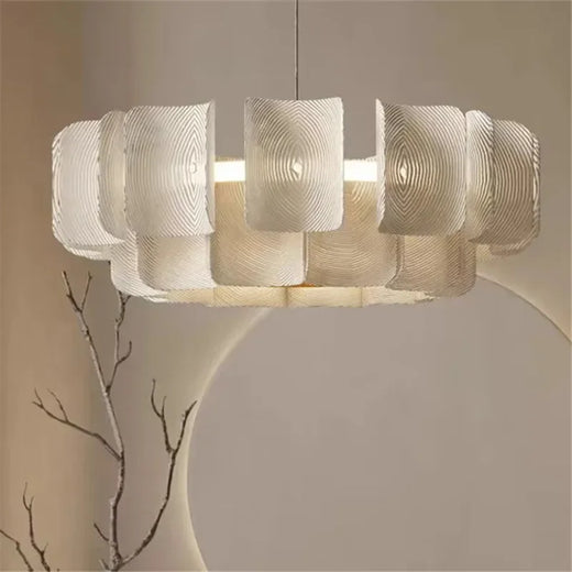 Wabi Sabi Textured Panel Ring Chandelier in Cream White for Living Room