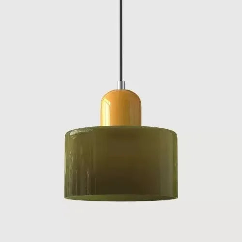 Retro Stained Glass Cylinder Pendant Light in Pastel Colors for Bedside