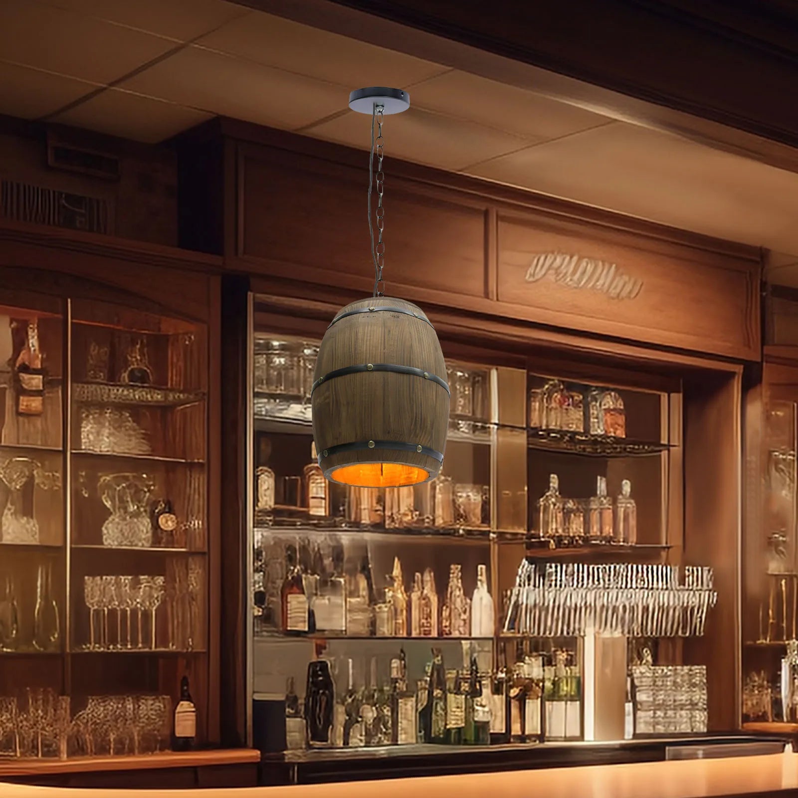 Lámpara colgante de barril de madera retro para comedor y bar