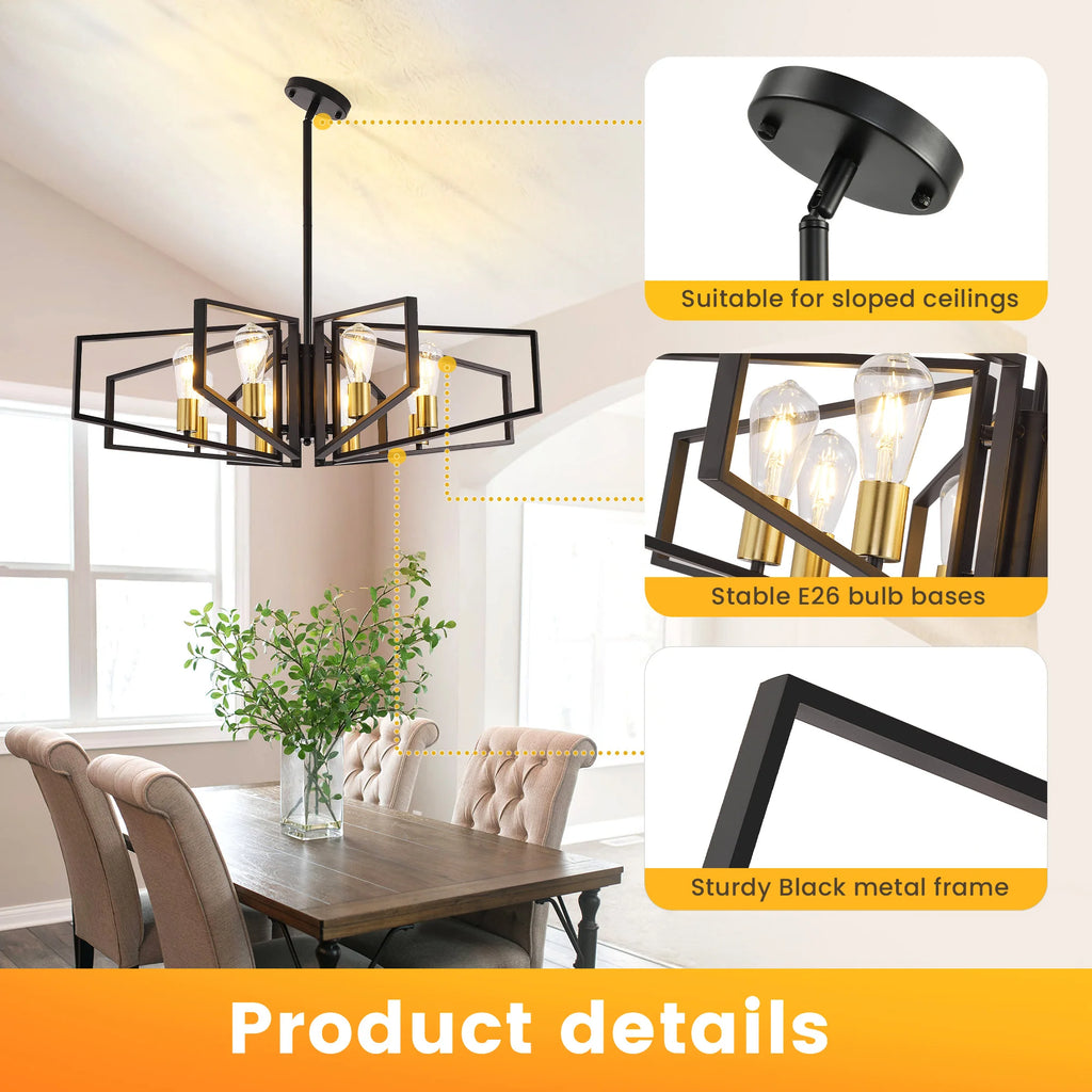 Modern Geometric 8 Light Chandelier in Black and Gold for Dining Room