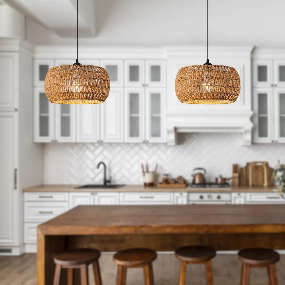Bohemian Rattan Pendant Light - Woven Wicker Hanging Lamp