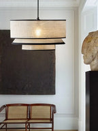 Japanese Linen Three Tier Drum Pendant Light with Black Trim for Dining Room